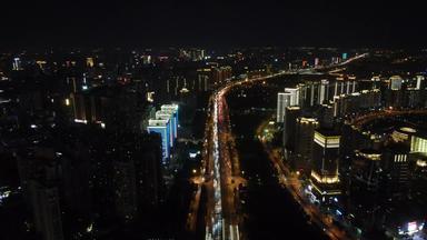 航拍河南郑州城市交通大道夜景